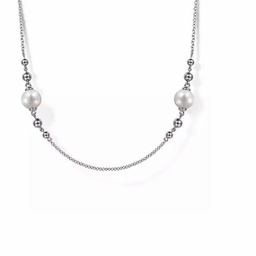 Sterling Silver Round White Pearl 32" Station Necklace with silver bead balls Versatile Present Vintage Piece