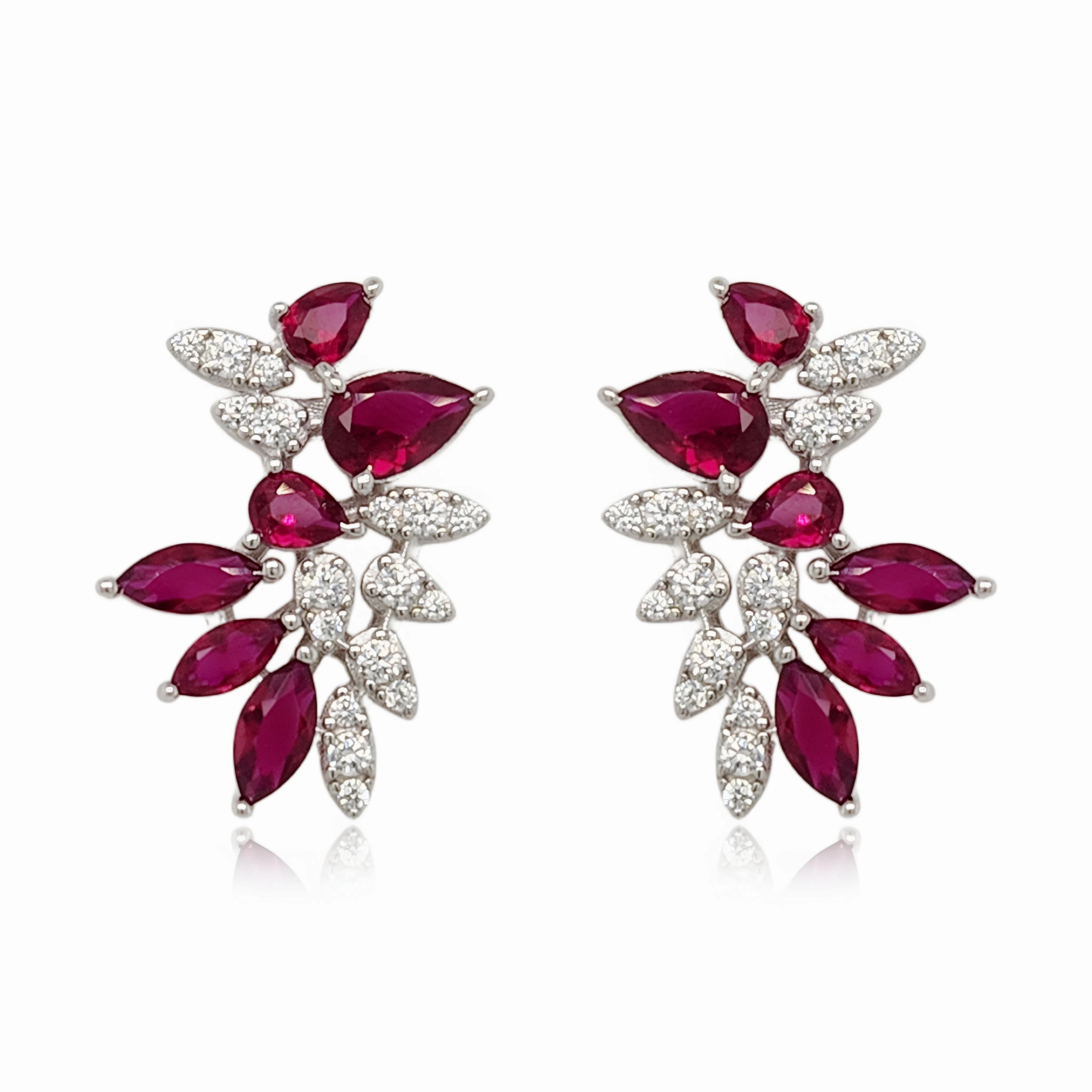 Sterling Silver Ruby and Clear CZ Cluster Stud Earring Luxury Mood Elegant Touch