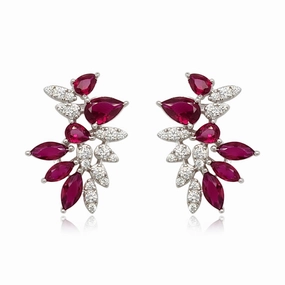 Sterling Silver Ruby and Clear CZ Cluster Stud Earring Luxury Mood Elegant Touch