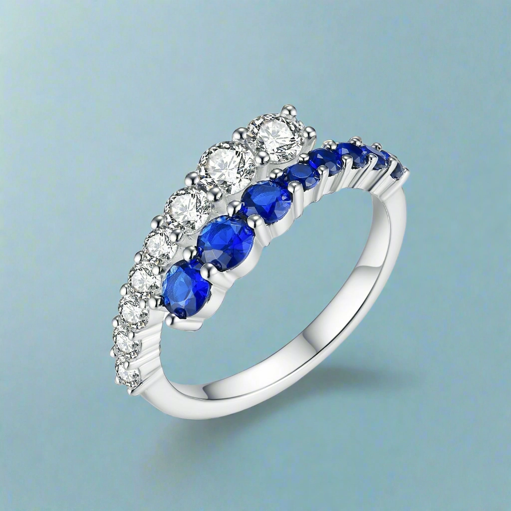 Glamorous Gem Luxurious Gem Sterling Silver Sapphire and Clear CZ Bypass Ring