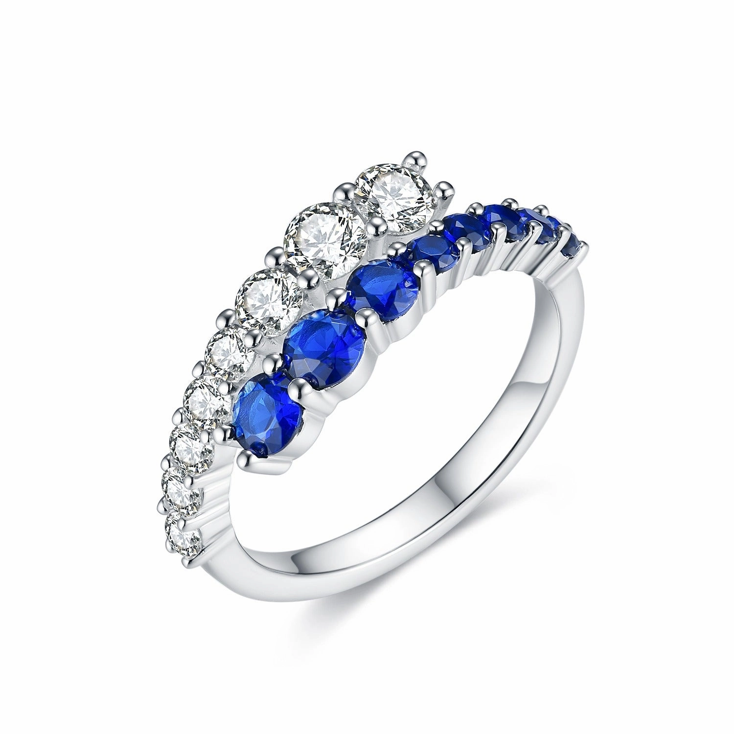 Sterling Silver Sapphire and Clear CZ Bypass Ring Handcrafted Accent