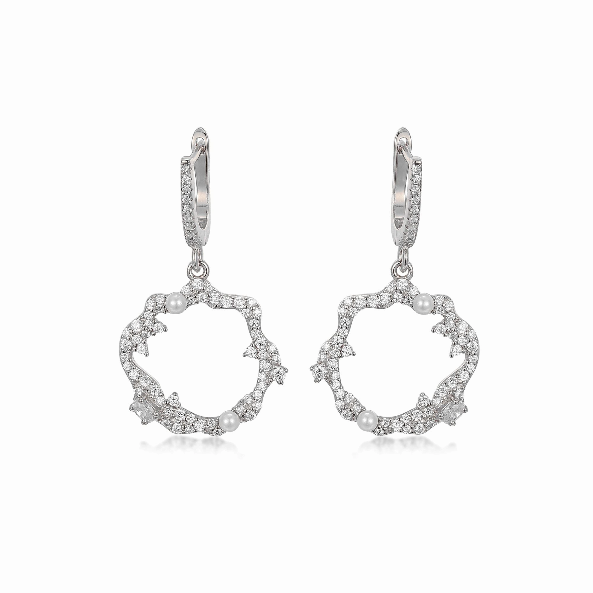 Sterling Silver Sprinkled CZ and Pearl Circle Earrings Enchanted Detail Shine Appeal