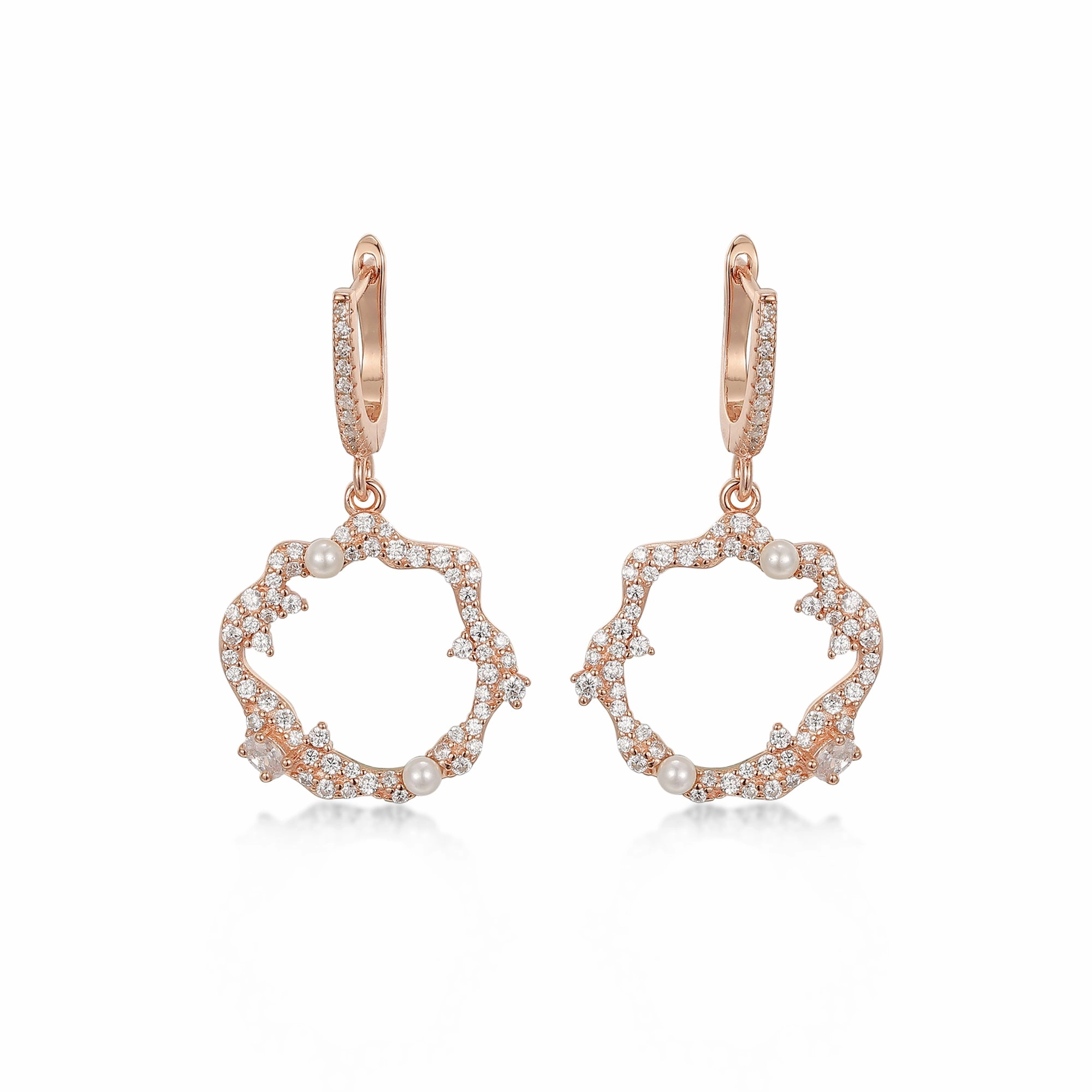 Sleek Look Night Detail Sterling Silver Sprinkled CZ and Pearl Circle Earrings