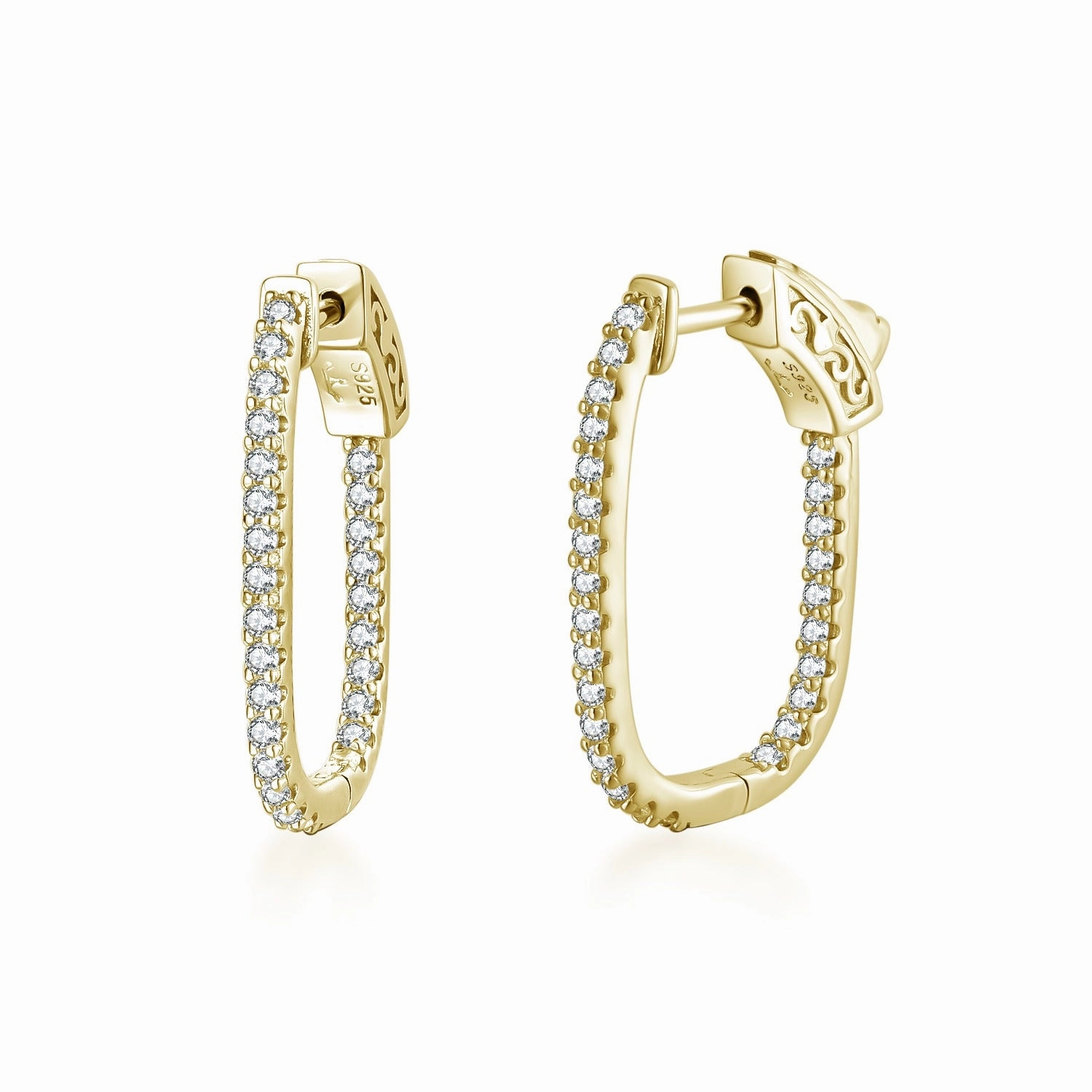 Sterling Silver Thin CZ Rectangular Hoop Earrings Vibrant Shine Finish