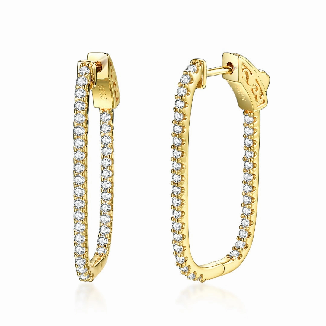 Styled Accent Sterling Silver Thin CZ Rectangular Hoop Earrings