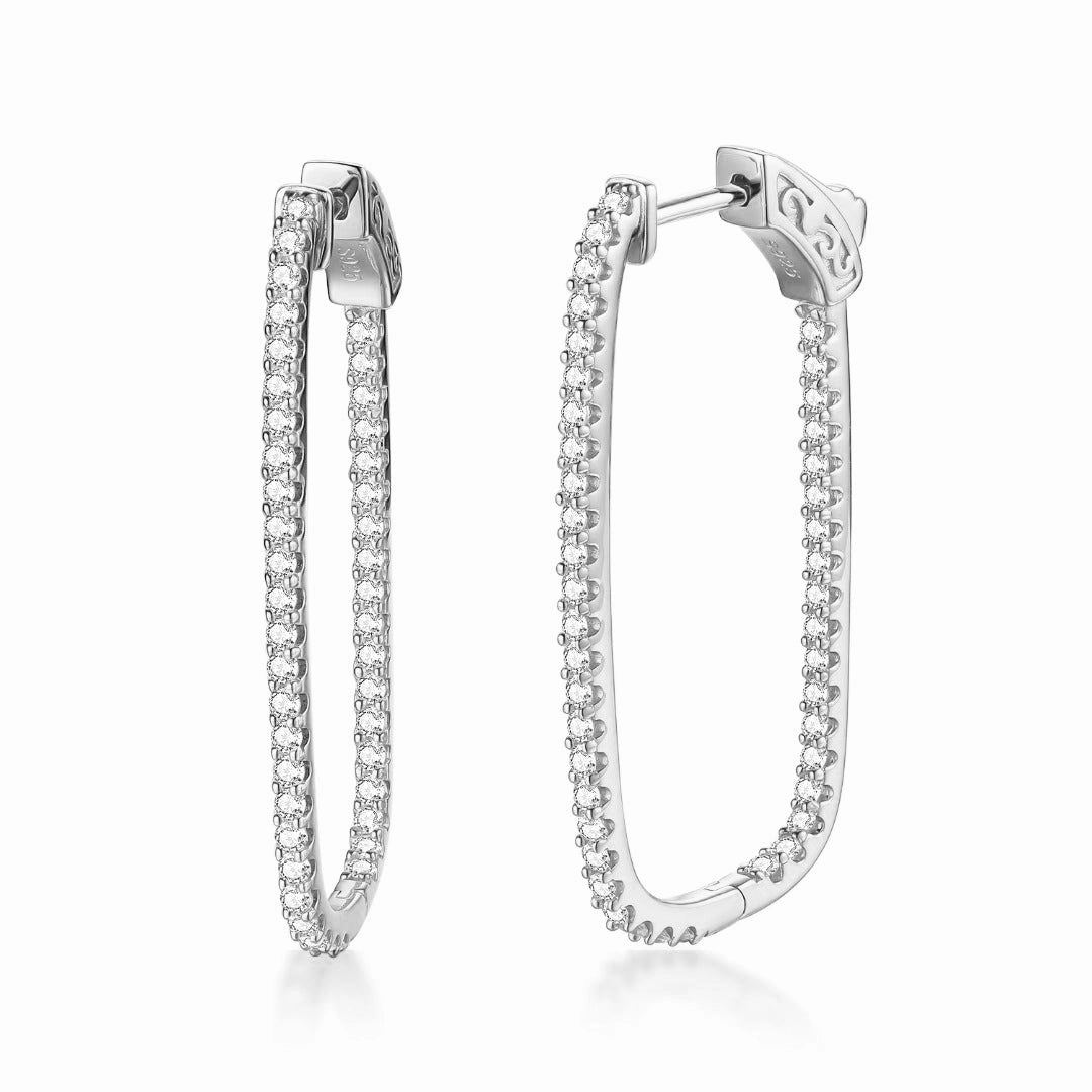 Sterling Silver Thin CZ Rectangular Hoop Earrings Precious Piece
