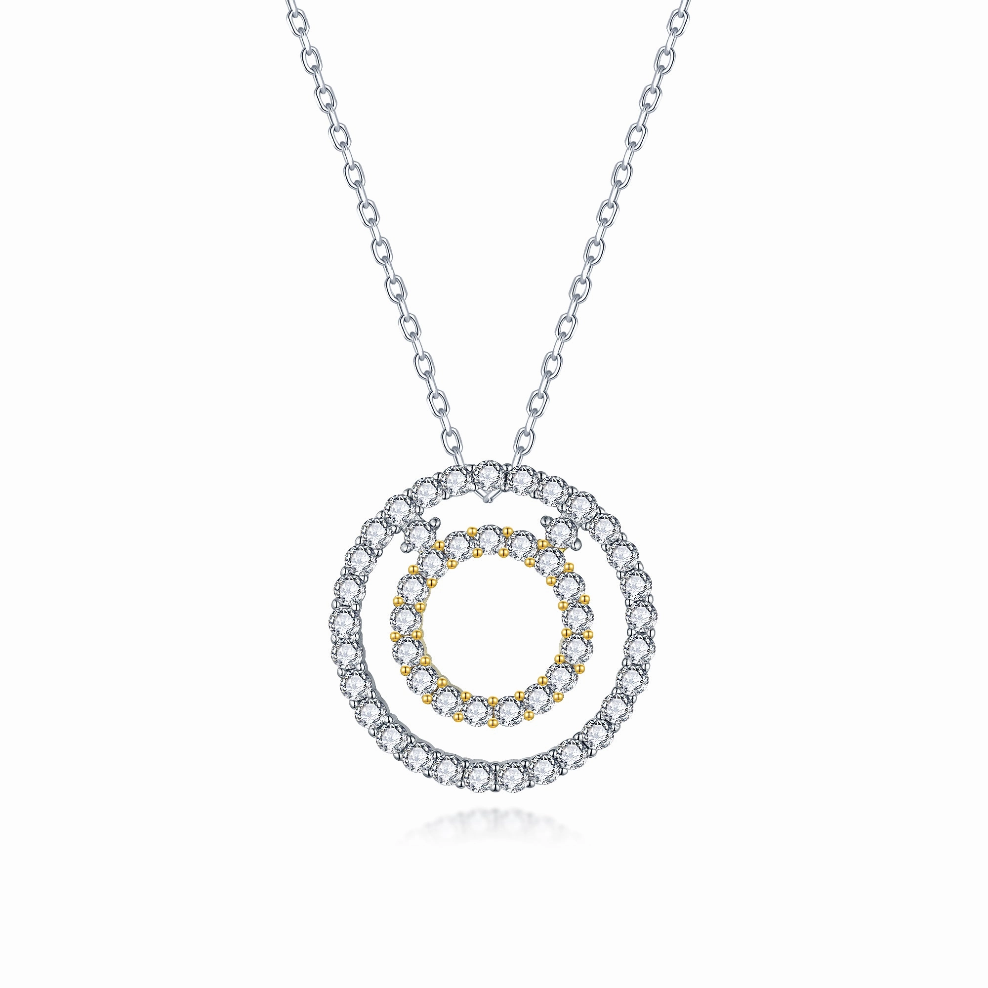 Sterling Silver Two Tone Circle Pendant Necklace on Diamond Cut Chain Formal Gift Graceful Beauty