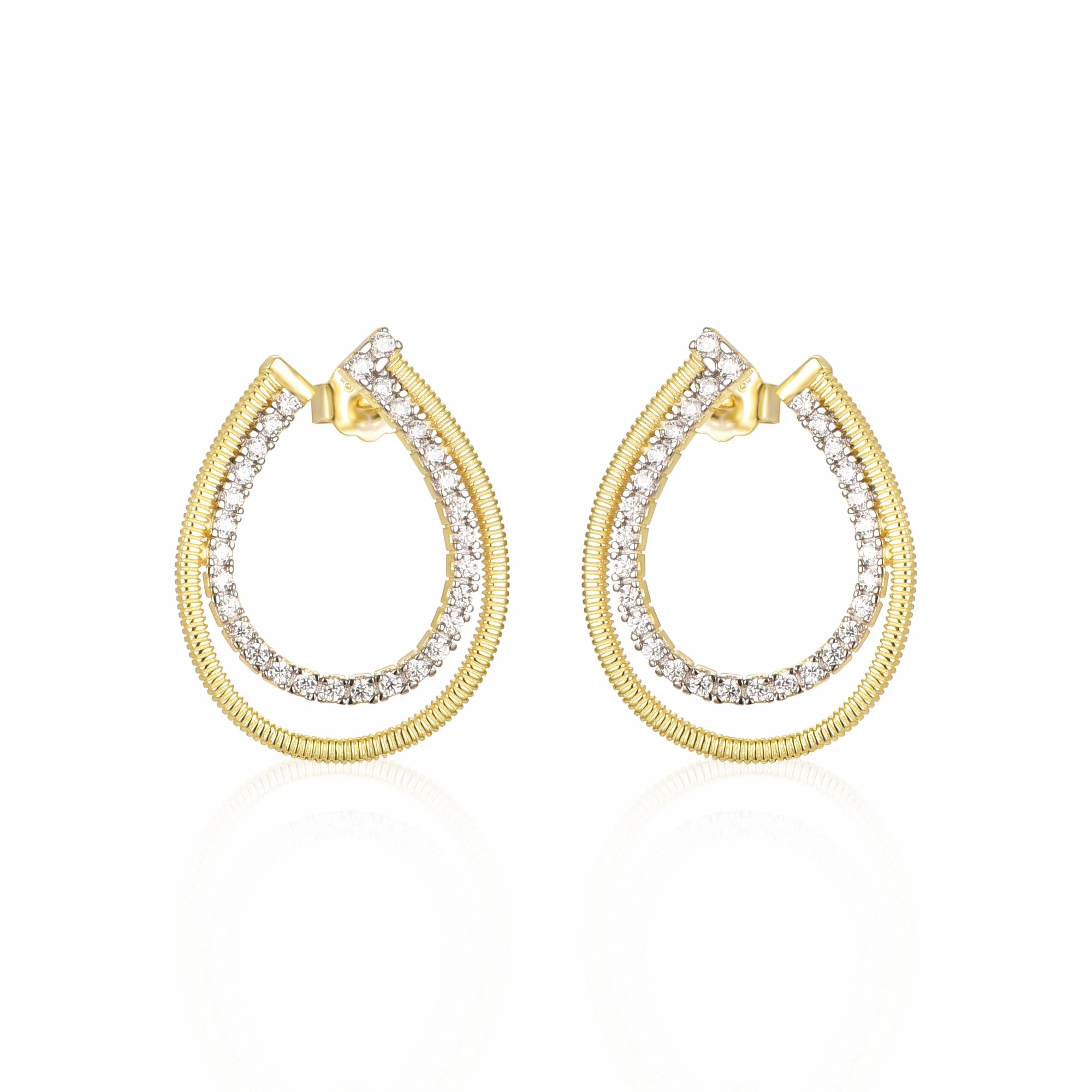 Sleek Form Light Detail Sterling Silver Two Tone CZ Front Back J Hoop Teardrop Earrings