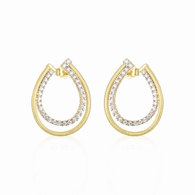 Sleek Form Light Detail Sterling Silver Two Tone CZ Front Back J Hoop Teardrop Earrings