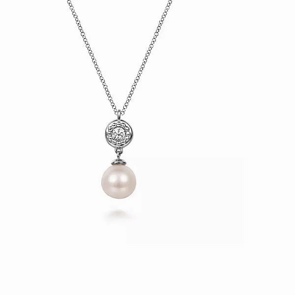 Sterling Silver White Sapphire & Round Pearl Drop 17.5" Adjustable Necklace Glam Vibe
