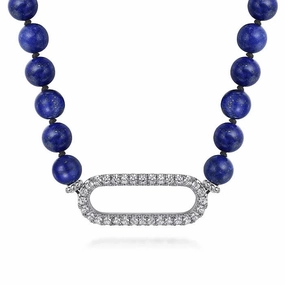 Luxury Texture Sterling Silver White Sapphire and Lapis Beads 17 Inch Necklace