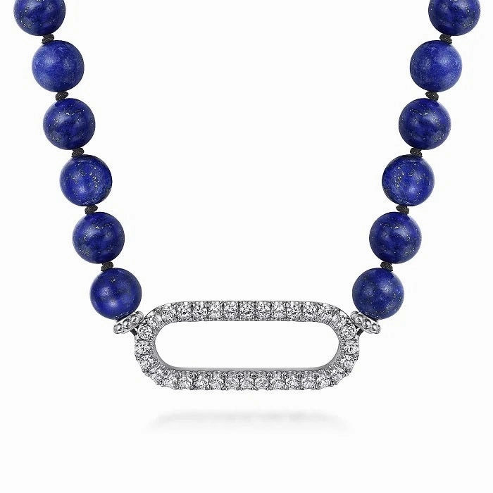 Luxury Texture Sterling Silver White Sapphire and Lapis Beads 17 Inch Necklace