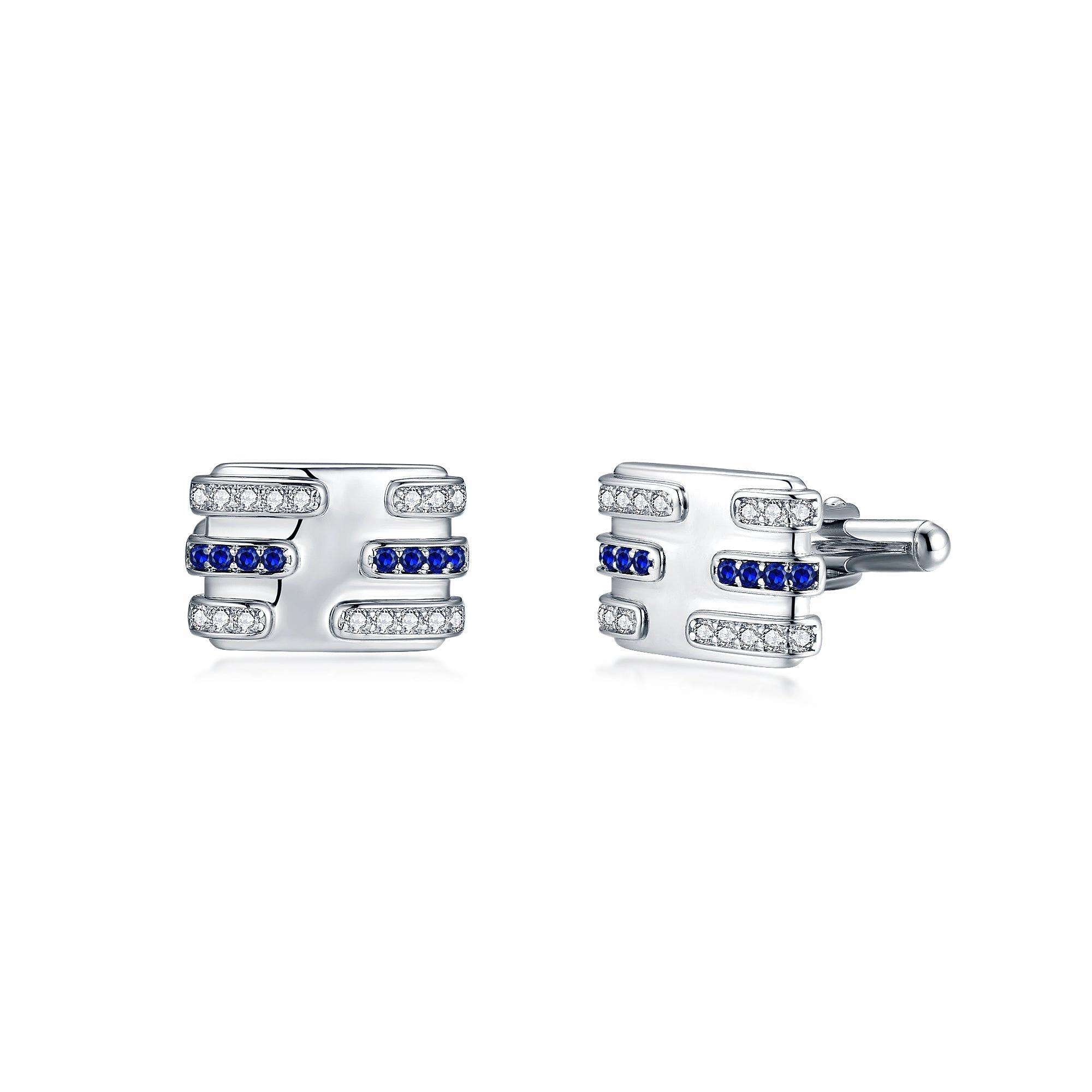 Sterling Silver With Clear and Sapphire CZ Lines Cufflinks Sleek Radiance