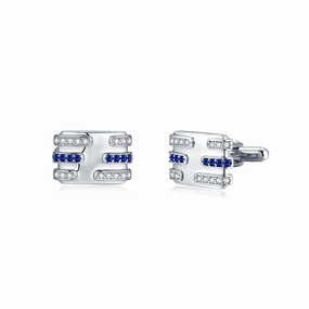 Sterling Silver With Clear and Sapphire CZ Lines Cufflinks Sleek Radiance