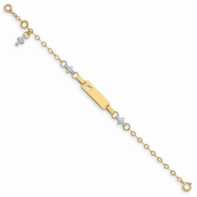 14k Two-tone Polished Textured Cross and Cut-out Heart 18x5mm Plate 4.5 inch Baby/Child ID Bracelet with 1 inch Extender Indelible Mark