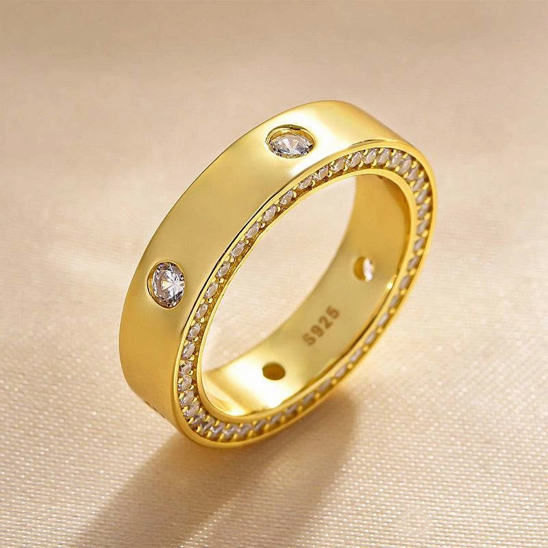 Louily Luxurious Yellow Gold Round Cut Wide Wedding Band In Sterling Silver Zoom Focus