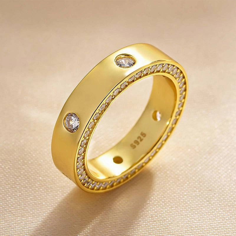 Louily Luxurious Yellow Gold Round Cut Wide Wedding Band In Sterling Silver Elite Detail Luxury Jewelry