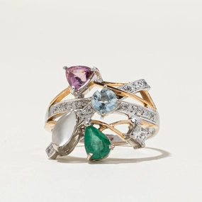 Shining Design Two Tone Gold Multi Gemstone Abstract Ring | 2.00ctw, 0.90ctw | SZ 8