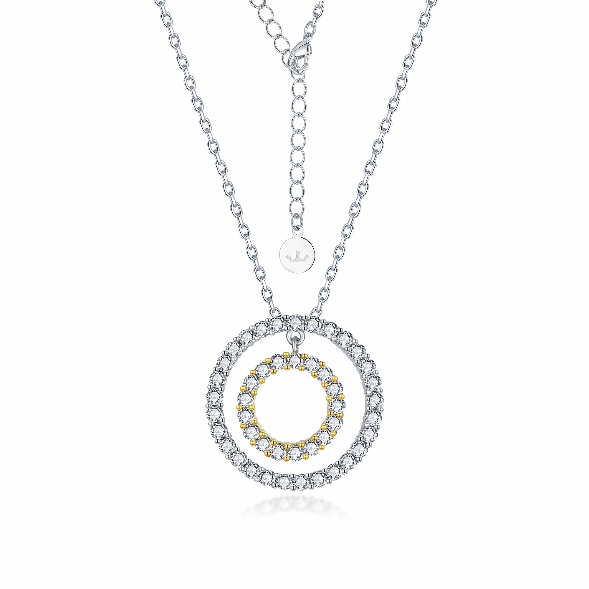 Lively Accent Unique Spark Sterling Silver Two Tone Double Circle Pendant On Diamond Cut Chain