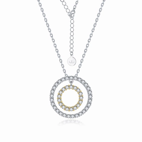 Lively Accent Unique Spark Sterling Silver Two Tone Double Circle Pendant On Diamond Cut Chain