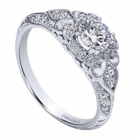 Minimal Geometry Coordinated Look Ornate Bead Set Round Diamond Ring 14K White Gold 197A