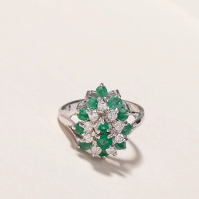 14k White Gold Emerald & Diamond Cluster Ring | 0.49ctw, 0.26ctw | SZ 5.75 Structured Design