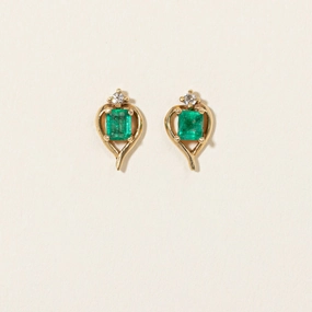 Emerald & Diamond Stud Earrings | 0.40ctw, 0.04ctw | Daily Outfit Timeless Look