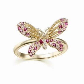 Gold Plated Sterling Silver Pink, Clear, and Ruby CZ Butterfly Ring elegant curve