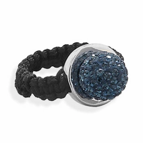 Trend Focus Handcrafted Style Dark Blue Pave Crystal Ball Ring with Black Macrame Band Sterling Silver