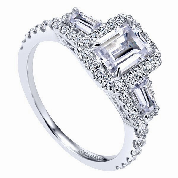 Halo Emerald Cut Baguette Diamond Ring .80Cttw 14K White Gold Sentimental Adornment