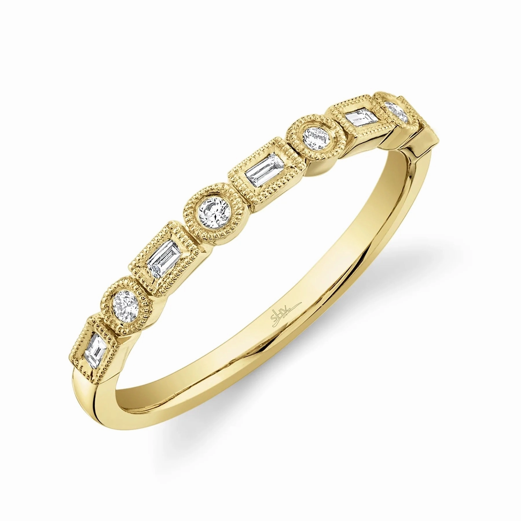 14K Yellow Gold 0.14cttw Alternating Station Diamond Ladies Stackable Ring Unbendable Piece Work Outfit