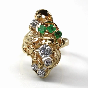 Diamond & Emerald Textured Gold Ring | 0.81ctw | 0.39ctw |SZ 7.25 | Statement Glow Opulent Finish