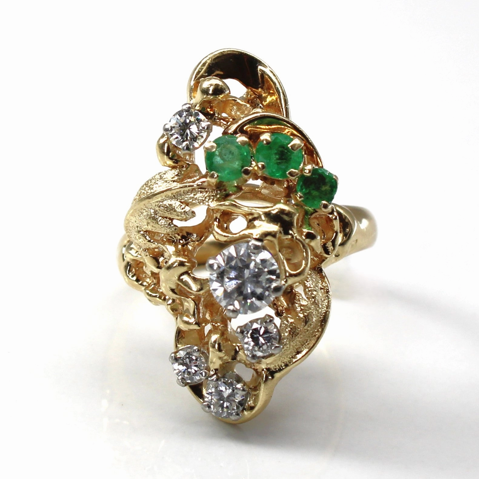 Diamond & Emerald Textured Gold Ring | 0.81ctw | 0.39ctw |SZ 7.25 | Statement Glow Opulent Finish