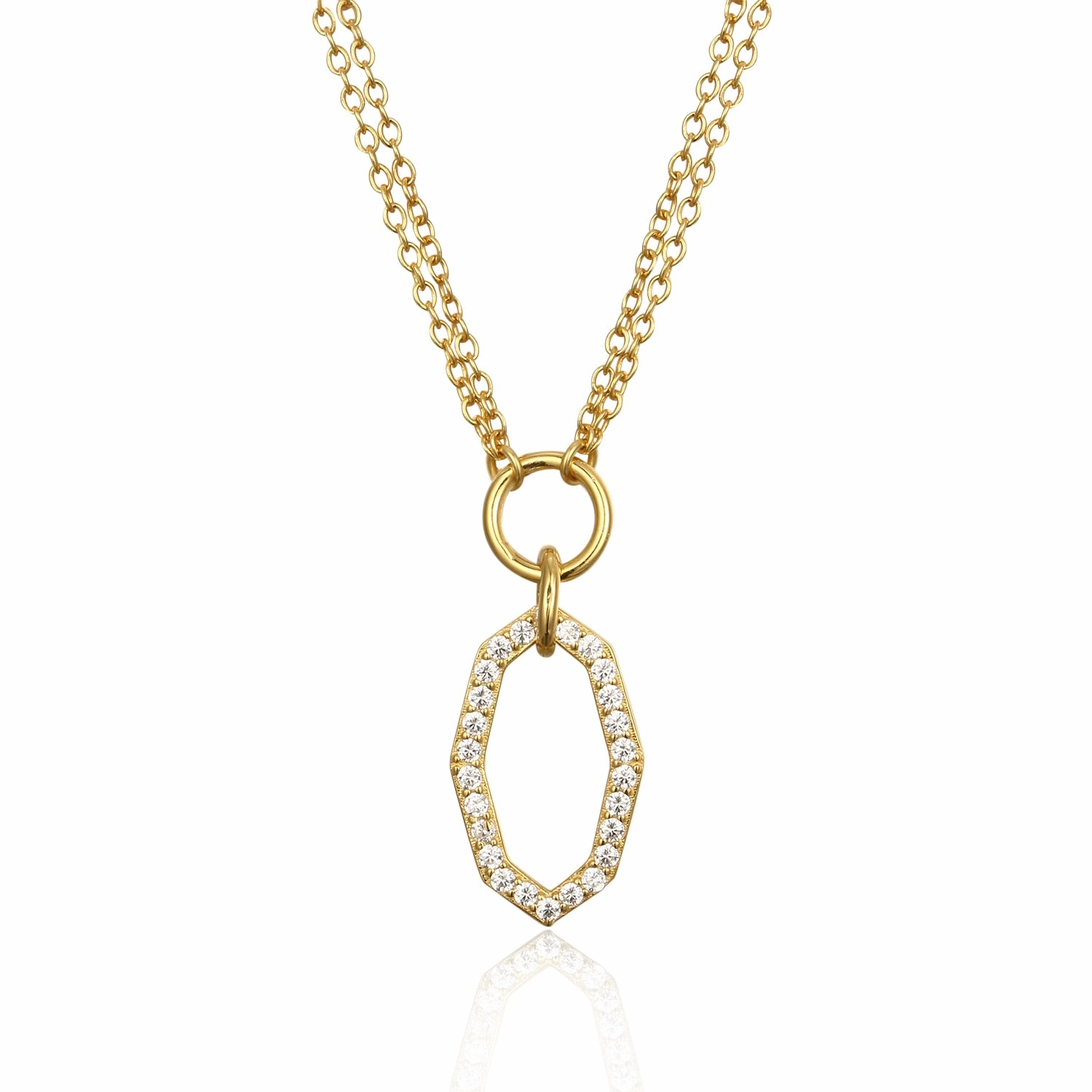 Sterling Silver Gold Plated Hexagon Shape on Double Chain Necklace Lightweight Fit Crisp Finish