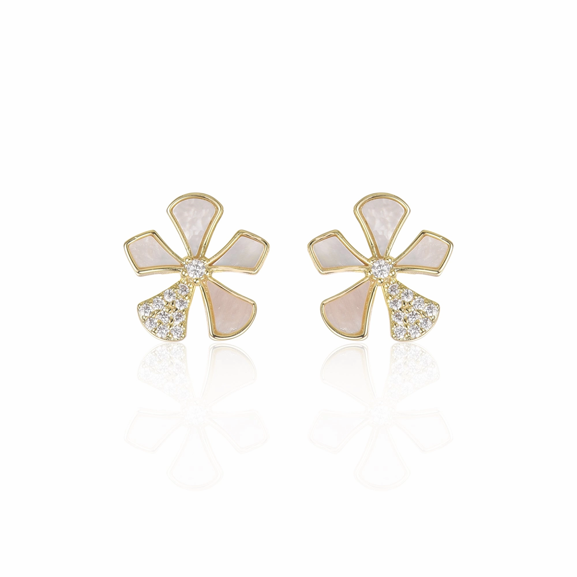 Surgical Steel Gold Plated Mother of Pearl And CZ Five Petal Flower Stud Earrings Gift For All Dainty Detail