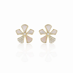 Surgical Steel Gold Plated Mother of Pearl And CZ Five Petal Flower Stud Earrings Gift For All Dainty Detail