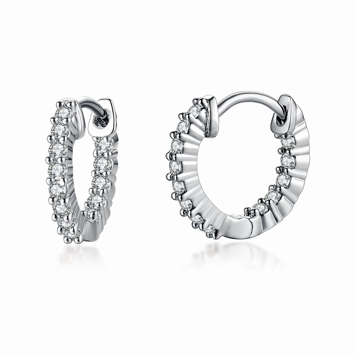 Elegant Gift Bright Detail Surgical Steel Rhodium Plated Micropave CZ Hoop Earrings