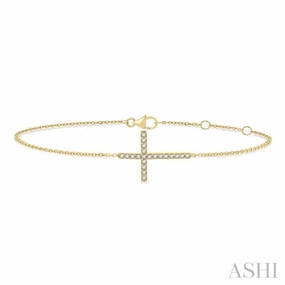 Designer Inspired Novel Design 1/8 Ctw Petite Reclined Cross Round Cut Diamond Fashion Bracelet in 10K Yellow Gold
