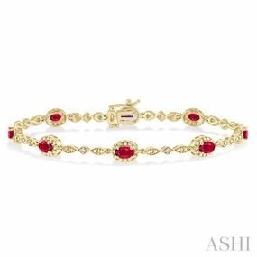 Ethnic Folklore Complete Outfit 5x3 MM Oval Cut Ruby and 1/20 Ctw Single Cut Diamond Bracelet in 10K Yellow Gold