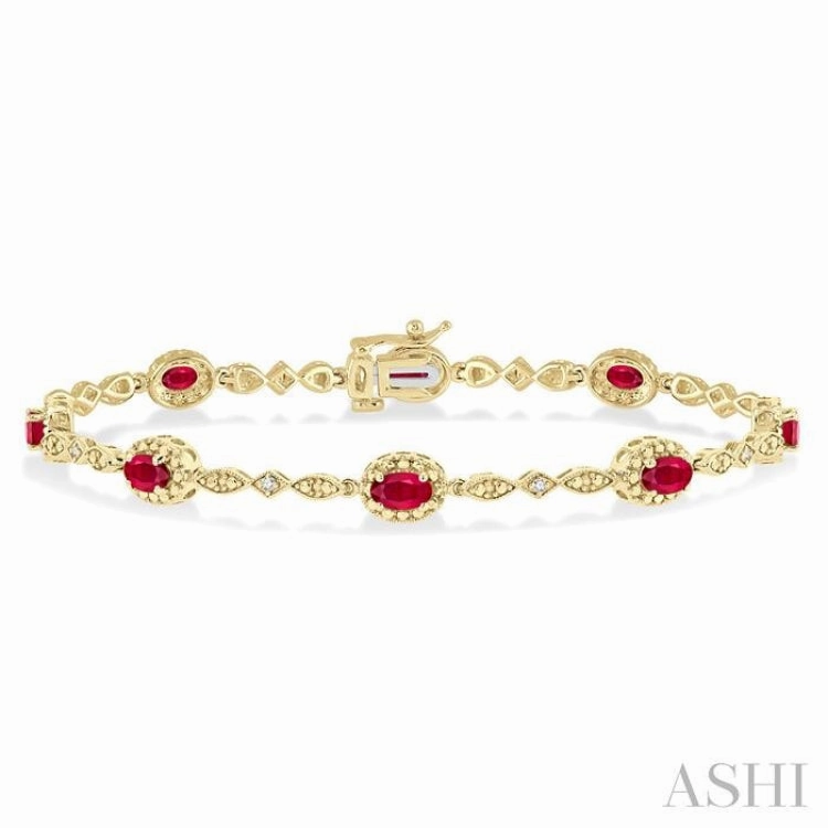 Ethnic Folklore Complete Outfit 5x3 MM Oval Cut Ruby and 1/20 Ctw Single Cut Diamond Bracelet in 10K Yellow Gold