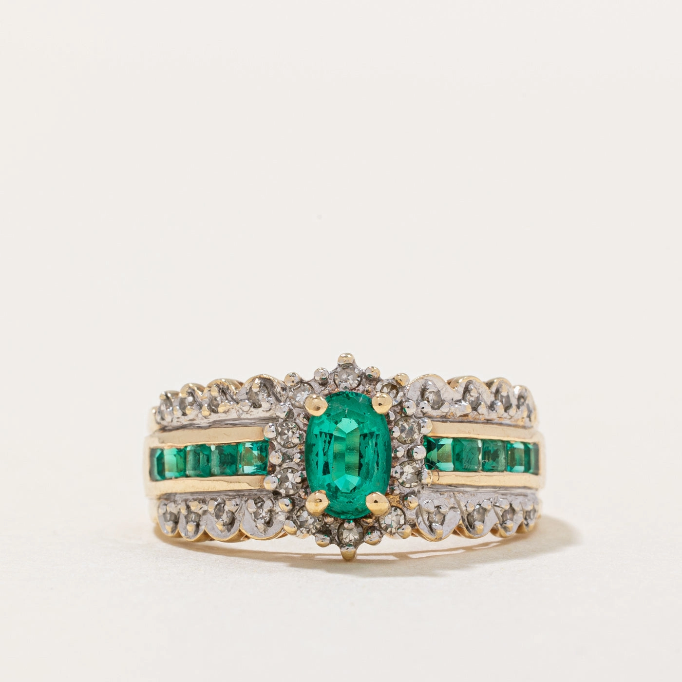Perfect Sparkle Retro Mood Synthetic Emerald & Diamond Ring | 0.50ctw, 0.15ctw | SZ 6.75 |