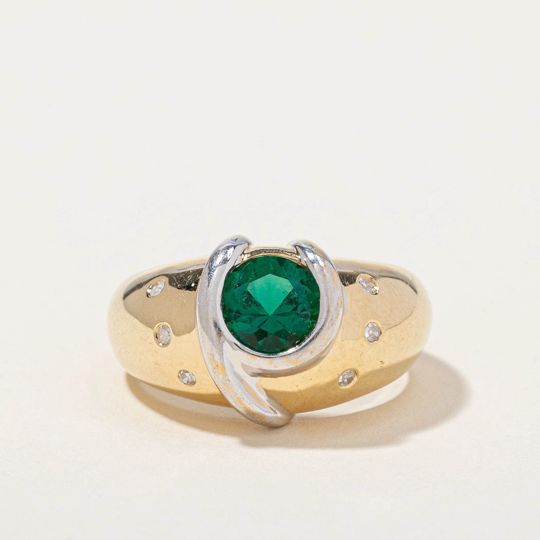 Synthetic Emerald & Natural Diamond Ring | 0.95ct, 0.06ctw | SZ 7 | Unique Finish Sleek Shape