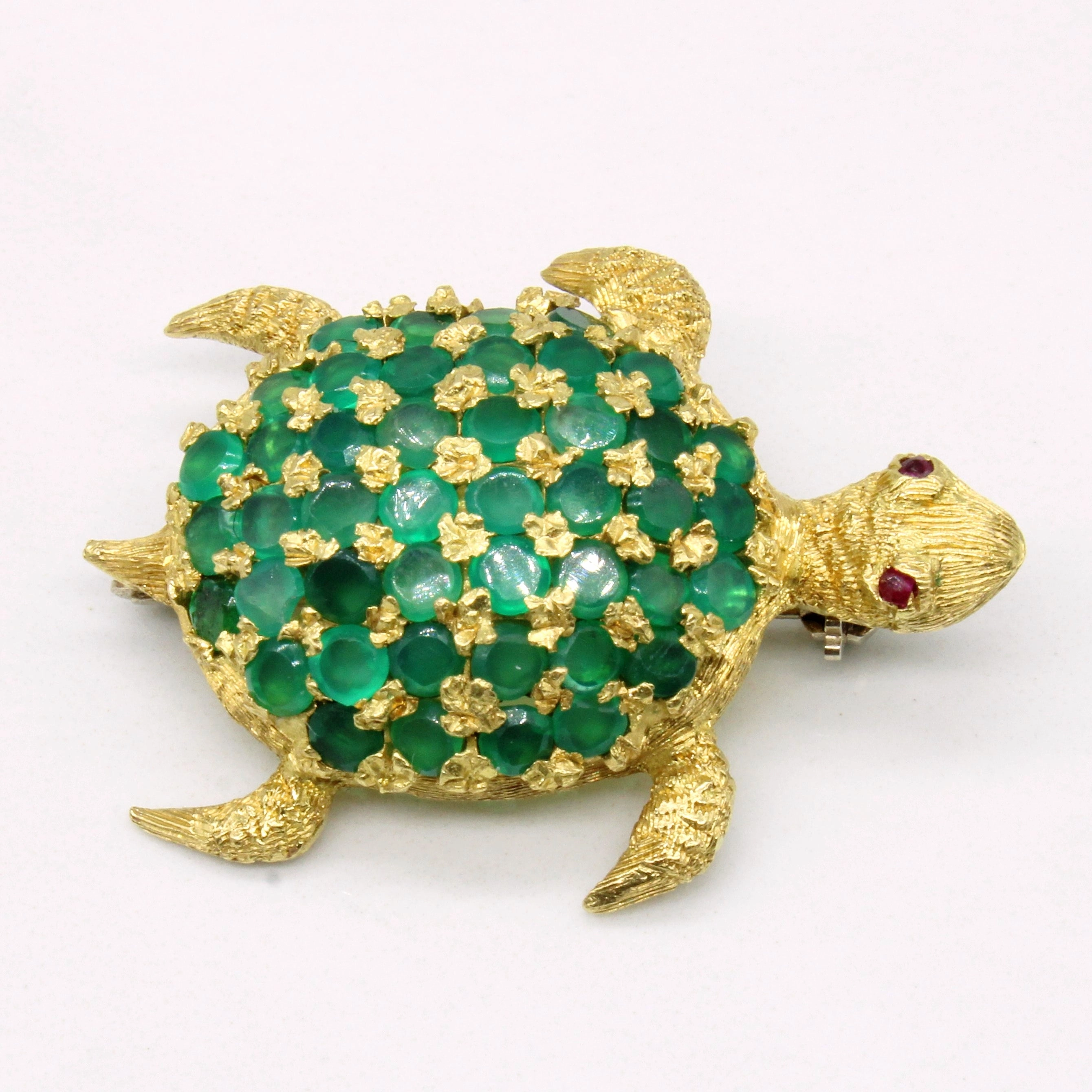 Luxury Form Synthetic Emerald & Ruby Turtle 18k Brooch | 2.64ctw, 0.01ctw |