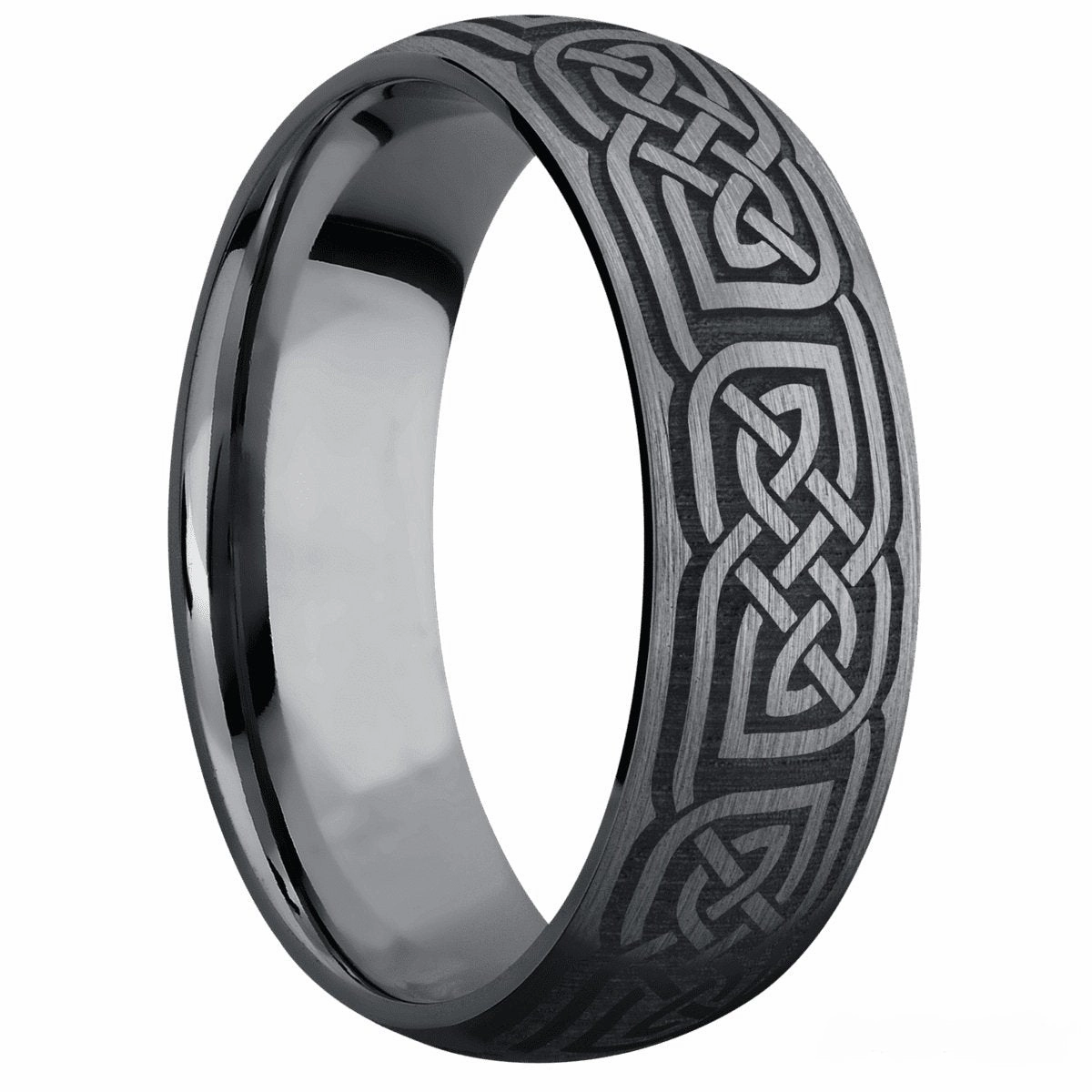 Glam Vibe Tantalum Domed Ring with Laser Engraved Celtic Knot Design