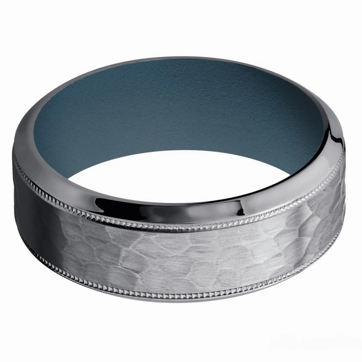 Fine Accessory Beautiful Insignia Tantalum Hammered 8mm Wedding Ring with Milgrain Detail and Stone Blue Cerakote Inner Sleeve