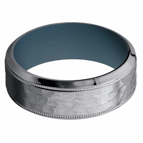Tantalum Hammered 8mm Wedding Ring with Milgrain Detail and Stone Blue Cerakote Inner Sleeve Wonderful Piece