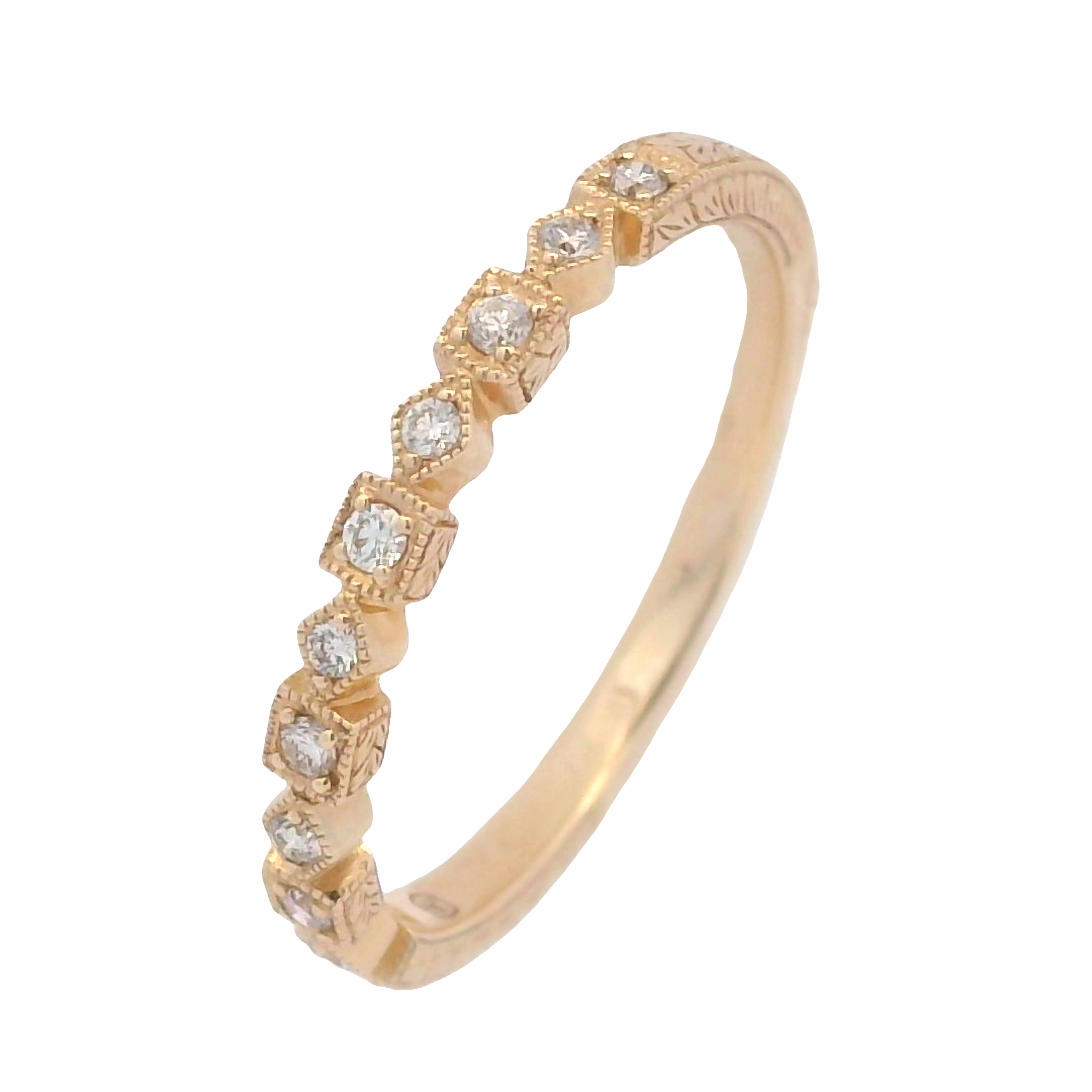 14 Karate Yellow Gold Engraved Stackable Diamond Ring Romantic Gesture Elegant Movement