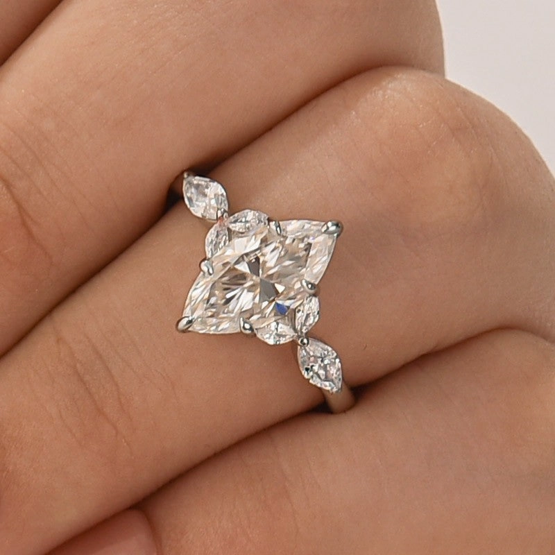 Moissanite 2.0Ct Marquise Stone with Two Designd Side Stone White Gold Engagement Ring Glamorous Accessory Signature Touch
