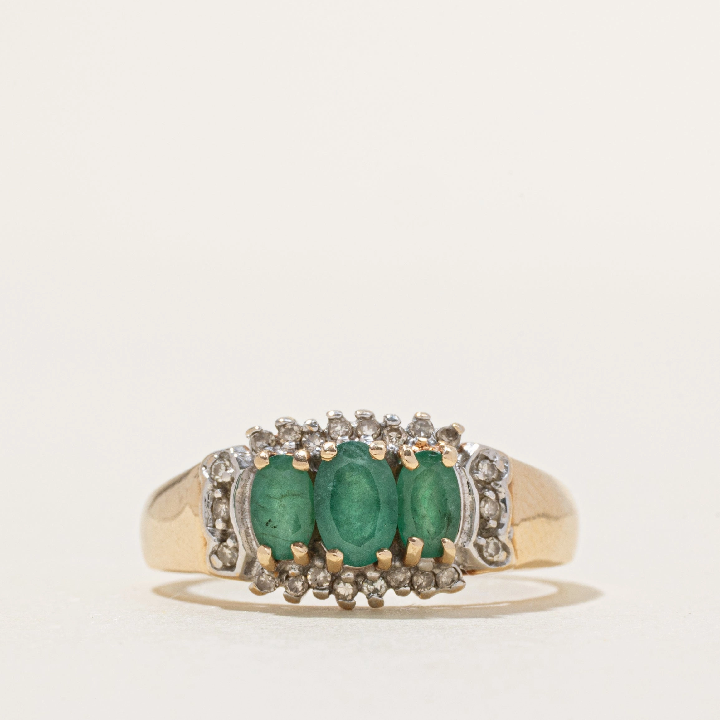 Three Stone Emerald & Diamond Halo Ring | 0.79ctw, 0.11ctw | SZ 7.25 Ethereal Detail Sophisticated Detail