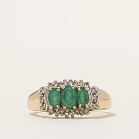 Three Stone Emerald & Diamond Halo Ring | 0.79ctw, 0.11ctw | SZ 7.25 Ethereal Detail Sophisticated Detail